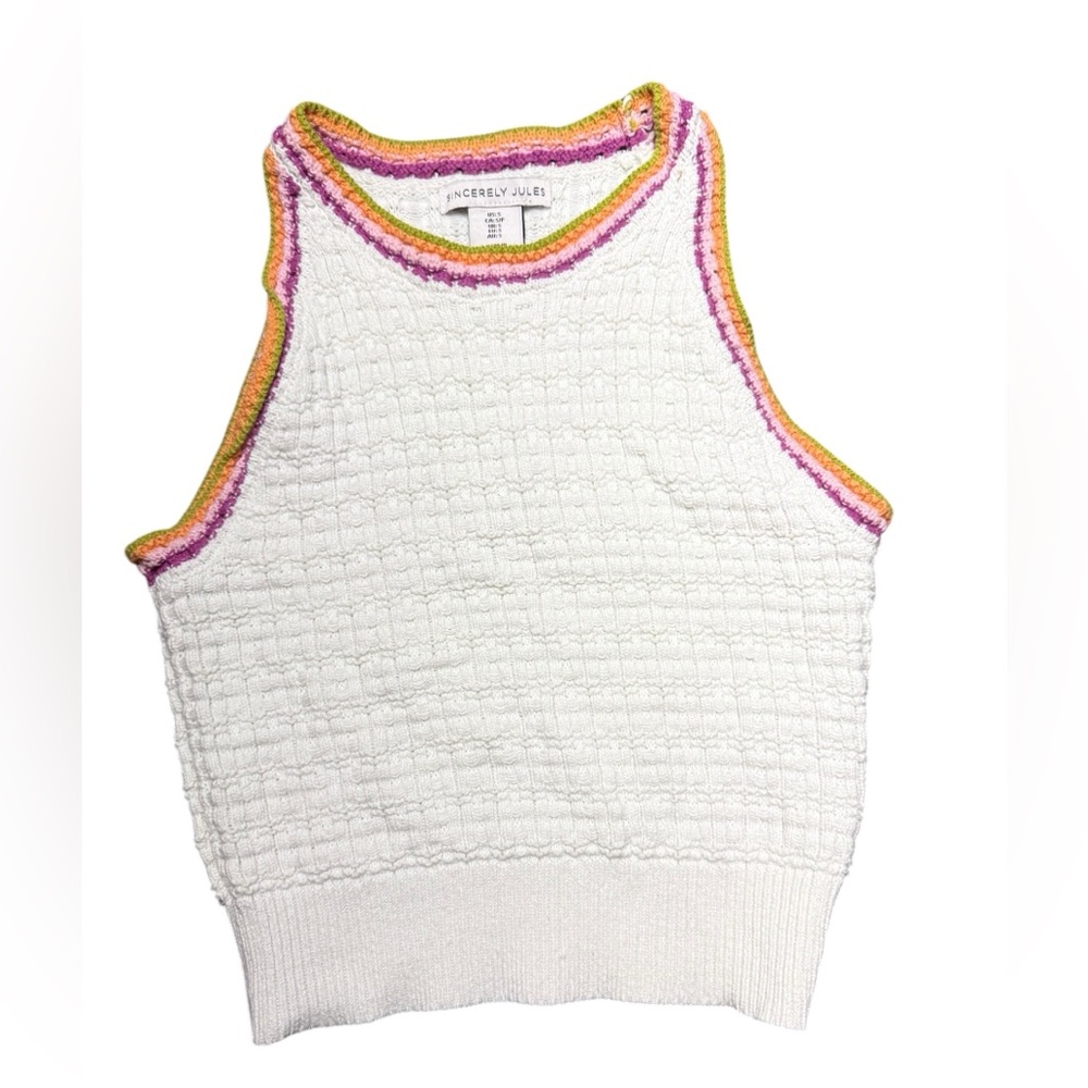 Sincerely Jules White Knit Tank with Rainbow Trim Size Small